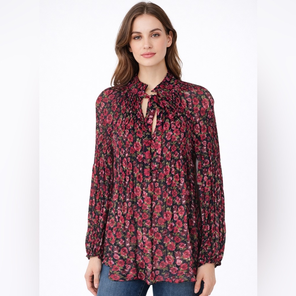 Lauren Ralph Lauren Duong Sheer Pleated Floral Blouse Tie Neck Chiffon Small